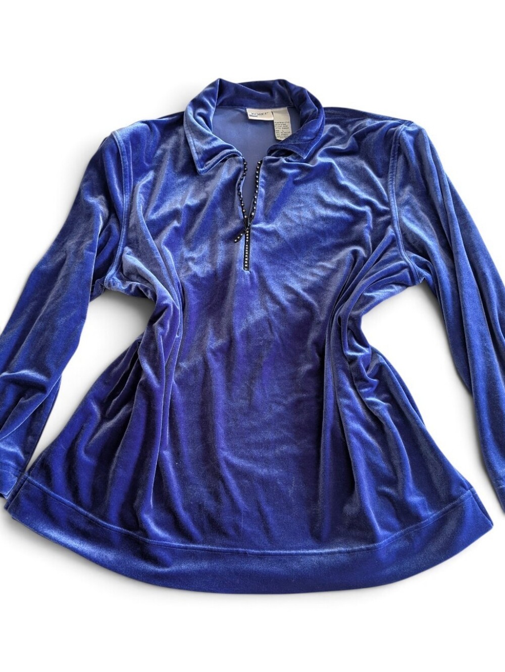 VTG Y2K Koret Royal Cobalt Blue Stretch Velour Rhinestone Zip Collared Top